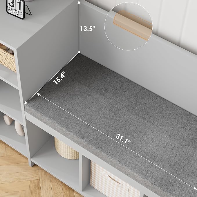 HOSTACK 67" Kids Reading Nook with Bench, Kids Bookshelf and Bookcase with Seat Cushion and 6 Storage Cubbies, Toy Storage Box on Wheels, Toy Chest for Playroom, Bedroom, School, Grey-BubblyBeeBaby