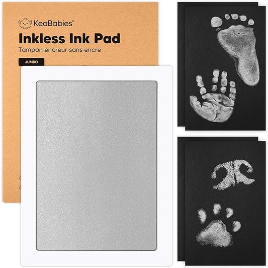 1-Pack Inkless Baby Hand and Footprint Kit - Mess Free Ink Pad for Newborn Keepsake, Dog Nose & Paw Print Kit, Clean Touch Ink Pad for Baby Hand & Footprints, Ideal New Mom Gifts(Silver, Jumbo)-BubblyBeeBaby
