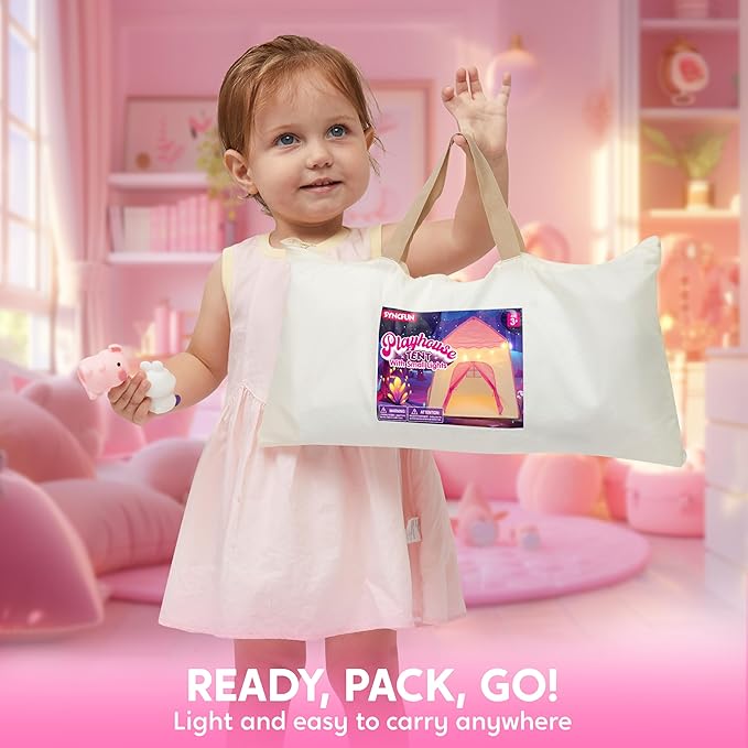 JOYIN Pink Princess Tent for Girls with LED Star Lights-Indoor & Outdoor Large Playhouse Kids Castle Play Tent for Children Indoor and Outdoor Games-BubblyBeeBaby