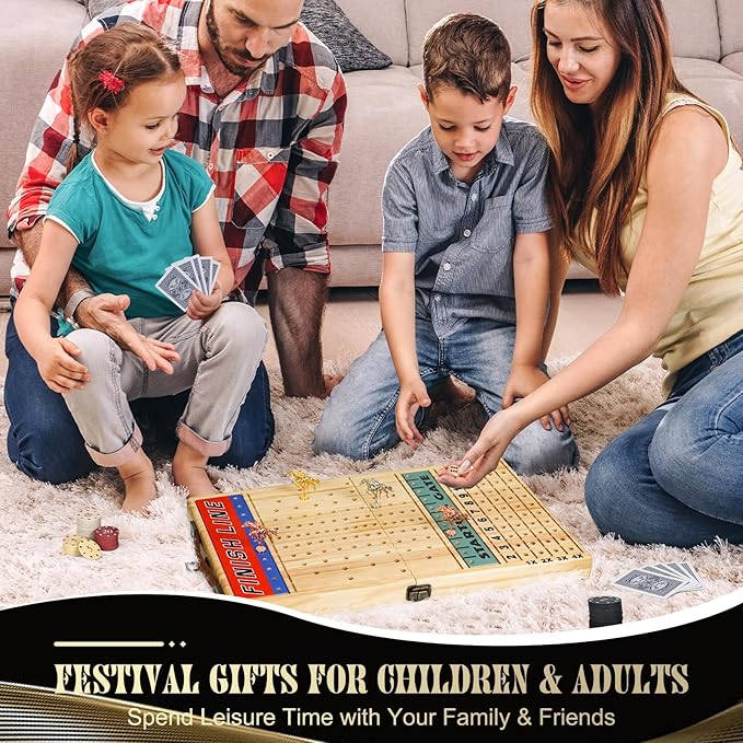 21 Inches Horse Racing Game, Horse Race Board Games with 11 Luxury Metal Horses,Thickened Wood Chessboard,Chips,Cards and Dice,Classic Wooden Table Top Board Games for Adults and Family-BubblyBeeBaby