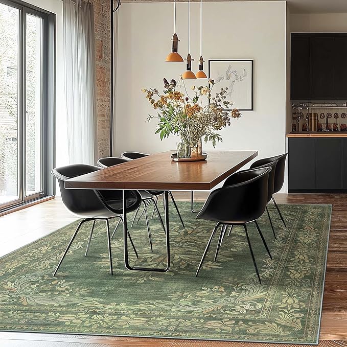 jinchan Green Floral 8x10 Area Rugs for Living Room - Machine Washable Vintage Distressed Design Soft Throw Rug Non-Slip Large Carpet for Bedroom Nursery Dining Room Home Office (8x10ft,Dark Green)-BubblyBeeBaby