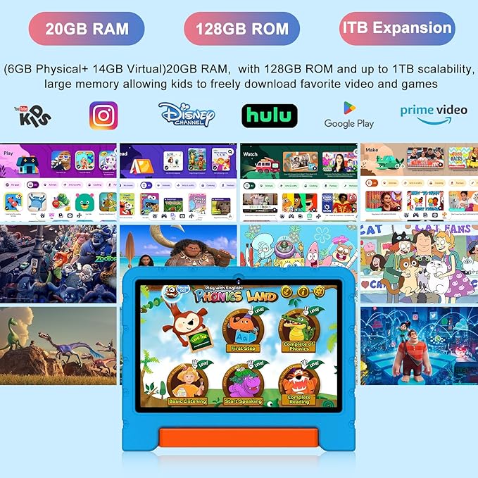 2025 Kids Tablet 10 inch Android 14 Tablets for Kid Octa-Core, 20GB+128GB (TF 1TB), Toddler Tablet with Shockproof Case, 2.4G+5G WiFi 6, Parental Control, Face Unlocked, Split Screen, BT5.0 (Blue)-BubblyBeeBaby