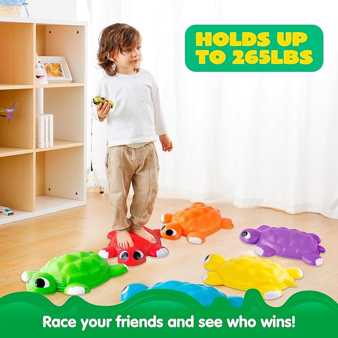 JOYIN Turtle Balance Stepping Stones, 6 Pcs Kids Turtle Jumping Stones Steps Stones Up to 265 Ibs, Toddler Obstacle Course Coordination Game Toys for Ages 3 Years and UP Indoor or Outdoor Play-BubblyBeeBaby