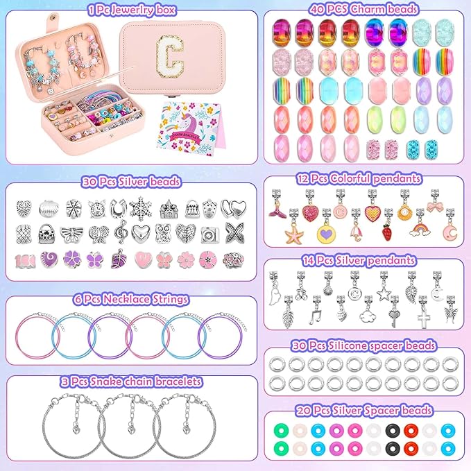 140 PCS Charm Bracelet Making Kit for Girls Age 8-12 Charm Beads for Kids Jewelry Making DIY Bracelet Craft Kit for Girls Valentine Christmas Birthday Gifts with Portable Bracelet Box-BubblyBeeBaby