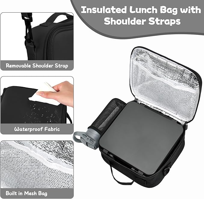 Kids Bento Lunch Box with 8oz Soup Thermo, Water Bottle, Kids Leakproof Lunch Food Containers with 4 Compartment, Insulated Hot Food Jar with Lunch Bag for School, Trvael (Black)-BubblyBeeBaby