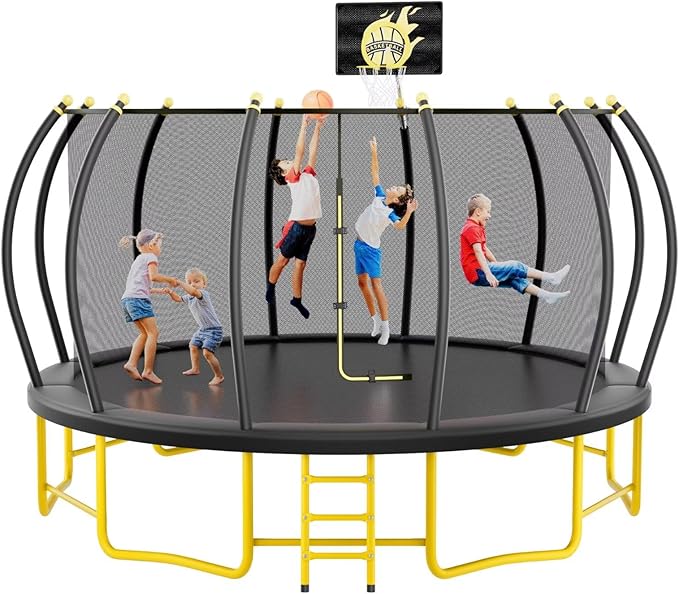 10FT 12FT 14FT 16FT Pumpkin Trampoline for Kids Adults, ASTM Approved Outdoor Recreational Trampoline with Basketball Hoop, Enclosure Net, Yellow-BubblyBeeBaby