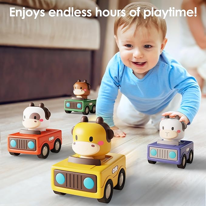iPlay, iLearn Press to Go Car Toys for Toddlers 1-3, Baby Animal Racing Cars, Infant Play Vehicle Set, Baby Push Go Friction Car Toys for 6-9-12-18 Months, 1st Birthday Gifts for 1-2 Years Old Boys-BubblyBeeBaby