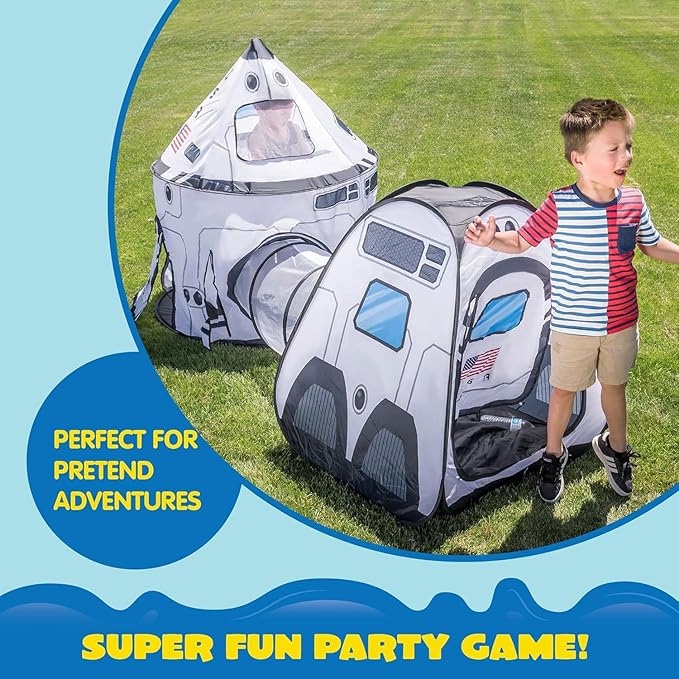 JOYIN White Rocket Ship Pop up Play Tent with Tunnel and Playhouse Kids Indoor Outdoor Spaceship Tent Set-BubblyBeeBaby
