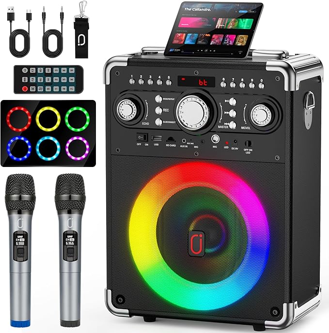 Karaoke Machine with 2 Wireless Microphones for Adults, Portable Bluetooth Party Speaker with Echo Adjustment, Singing Machine Support TWS/USB/TF Card/Guitar/TV Connected for Outdoor/Events etc-BubblyBeeBaby