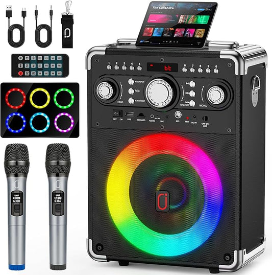 Karaoke Machine with 2 Wireless Microphones for Adults, Portable Bluetooth Party Speaker with Echo Adjustment, Singing Machine Support TWS/USB/TF Card/Guitar/TV Connected for Outdoor/Events etc-BubblyBeeBaby