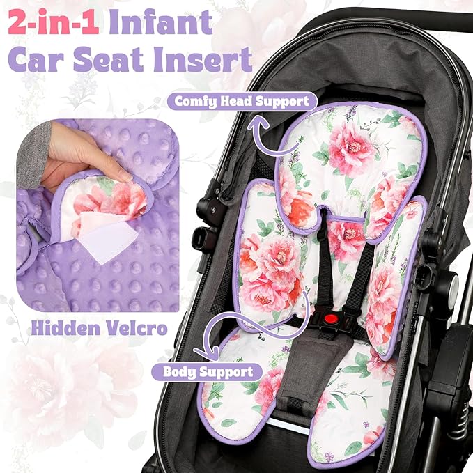 Pea Pod Infant Car Seat Insert 2-in-1 Baby Car Seat Head & Body Support for Newborn Girl Reversible 3 Layer Warm Preemie Carseat Stroller Cushion Headrest with Soft Minky Dot Fabric, Pink Floral-BubblyBeeBaby