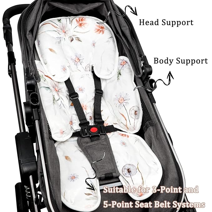 2 in 1 Infant Car Seat Insert, Car Seat Head Support Baby Girls Boys, Soft Newborn Carseat Insert Cushion, Perfect for Carseats, Strollers, Swings (White Flower)-BubblyBeeBaby