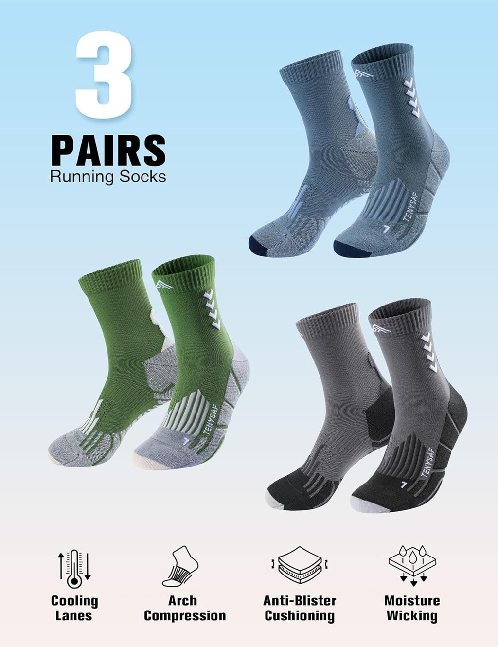 Compression Crew Running Socks: Athletic Socks for Men Women with Cushion,3 Pairs Work Hiking Basketball Sport Socks
