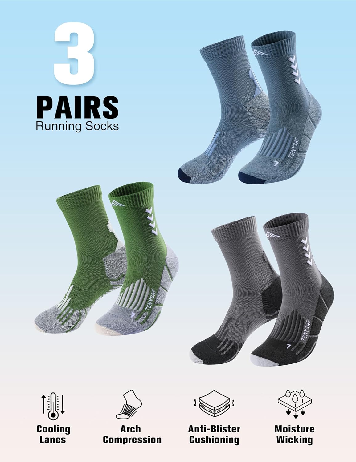 Compression Crew Running Socks: Athletic Socks for Men Women with Cushion,3 Pairs Work Hiking Basketball Sport Socks