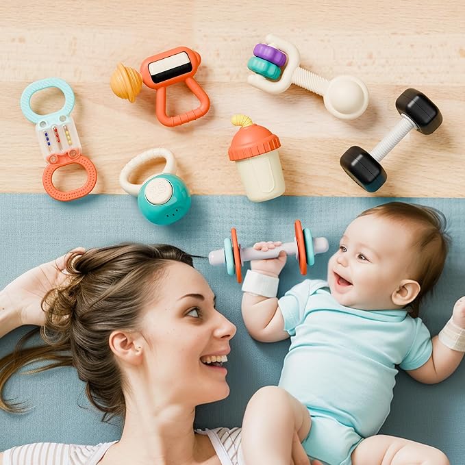iPlay, iLearn Baby First Gym Rattle Set, Infant Dumbbell Weights Teething Rattles 3-6-12 Month, Newborn Workout Sensory Stroller Toy, Babies Birthday Shower Gift 5 7 8 9 10 Month Toddler Boy Girl-7PCS-BubblyBeeBaby