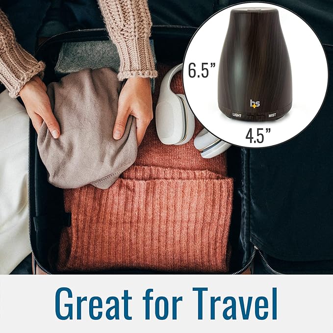 HealthSmart Essential Oil Diffuser, Cool Mist Humidifier and Aromatherapy Diffuser with 150ML Tank Ideal for Small Rooms, Adjustable Timer and Mist Mode, Wood Grain Brown-BubblyBeeBaby