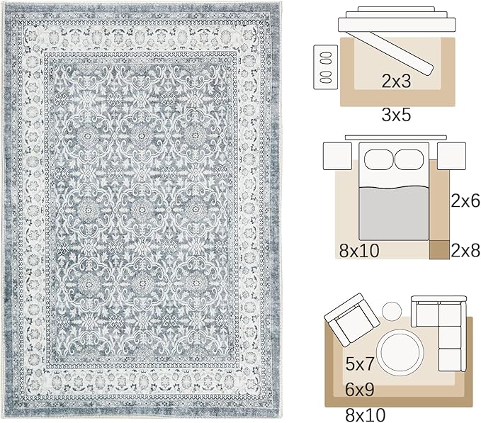 jinchan Floral 3x5 Area Rugs for Entryway - Taupe Vintage Distressed Design Doormat Non-Slip Ultra-Thin Low Pile Boho Rug for Kitchen Living Room Bedroom Farmhouse (3‘x5',Grey)-BubblyBeeBaby