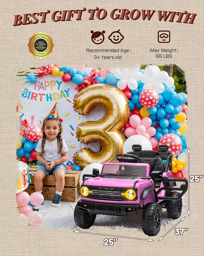 12V Electric Ride on Toys for Toddler, Ford Bronco Raptor Kids Ride on Car with Remote Control, 12 Volt Battery Powered Cars for Children with Smooth Start, Bluetooth (12V, Pink)-BubblyBeeBaby
