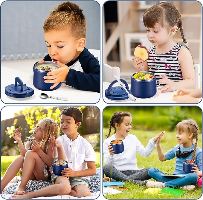 14oz Insulated Vacuum Food Jar with Buckle Lid,Soup Thermo for Hot Food Kids,Wide Mouth Leakproof Stainless Steel Lunch Container with Spoon-Blue-BubblyBeeBaby