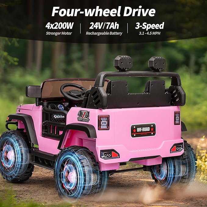2 Seater Ride on Toy Car for Kids, 24V 4WD Ride-on Truck Kids Electric Car with Remote Control, 4x200W Motors - Light Pink-BubblyBeeBaby