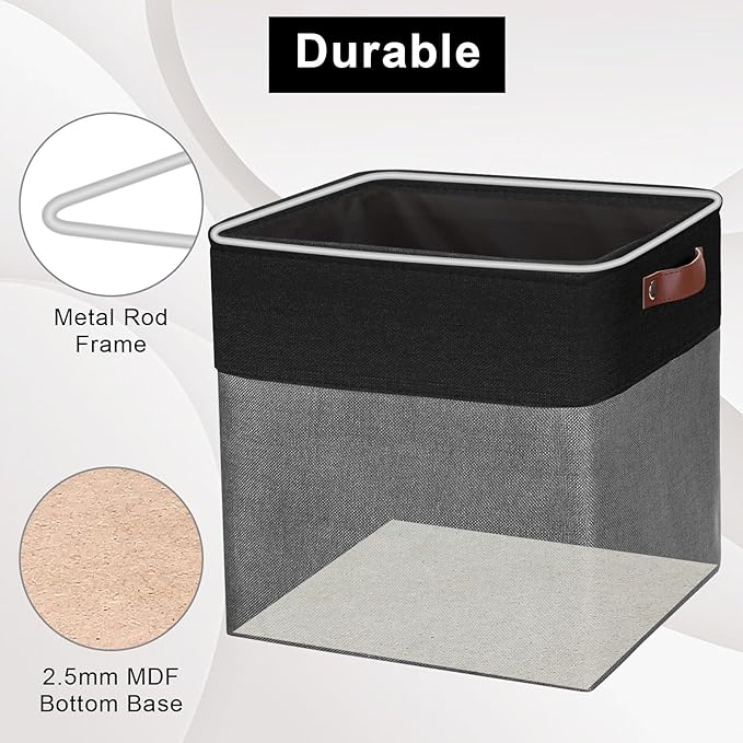 13x13 Cube Storage Bins, Collapsible Fabric Storage Box, 4 Pack Closet Baskets with Handles for Organizing, Shelf, Toys, Clothes, Home, Office, Nursery (Grey&Black)-BubblyBeeBaby