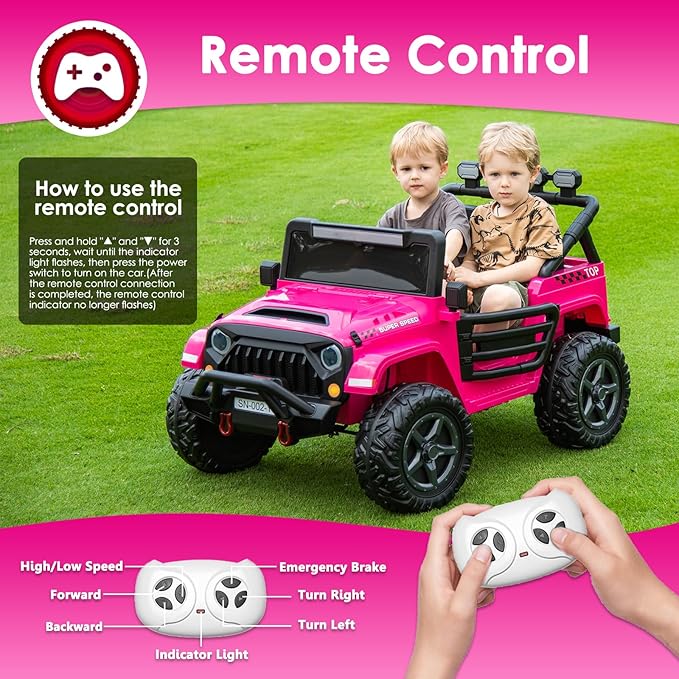 24V 2 Seater Ride On Truck with Remote Control 4WD Electric Car for Kids Ride On Car Battery Powered Ride On Toy Car with Music Player, LED Lights, Bluetooth, Rear Shock Absorber, Hot Pink-BubblyBeeBaby