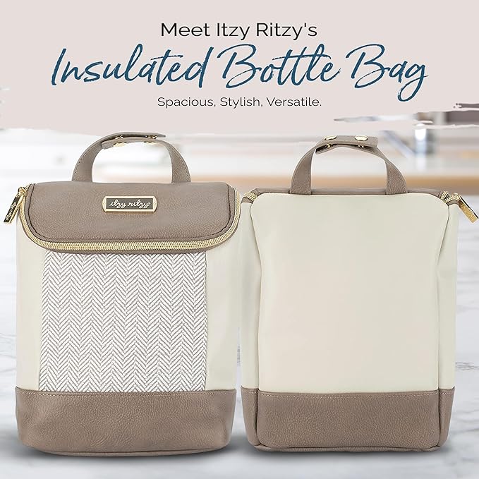 Itzy Ritzy Insulated Bottle Bag – Keeps Bottles Warm or Cool - Holds 3 Bottles & Features Interior Pocket for Ice Pack (Not Included), Vanilla Latte-BubblyBeeBaby