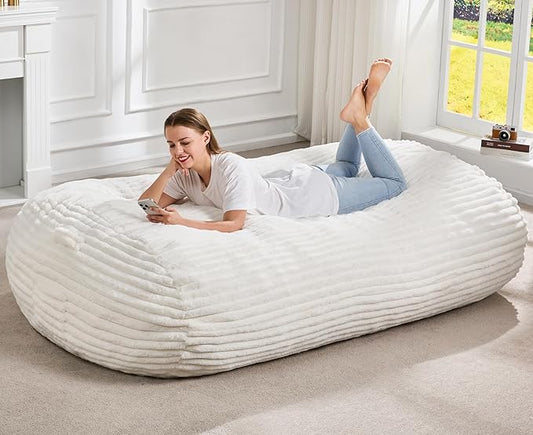 Hobestluk 6FT Bean Bag Chairs Adult Bean Bag with Portable Handle Comfy Large Bean Bag Lounge Chair with Removable Cover for Living Room Bedroom (Stripe White, 6FT)-BubblyBeeBaby