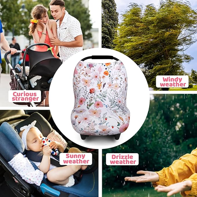 Rquite All-in-1 Car Seat Cover Baby, Carseat Covers for Girl Boy, Stretchy Soft Infant Car Seat Cover, Multi-use Baby Carrier Cover, Car Seat Canopy, Stroller Sun Shade, Nursing Breastfeeding Cover-BubblyBeeBaby