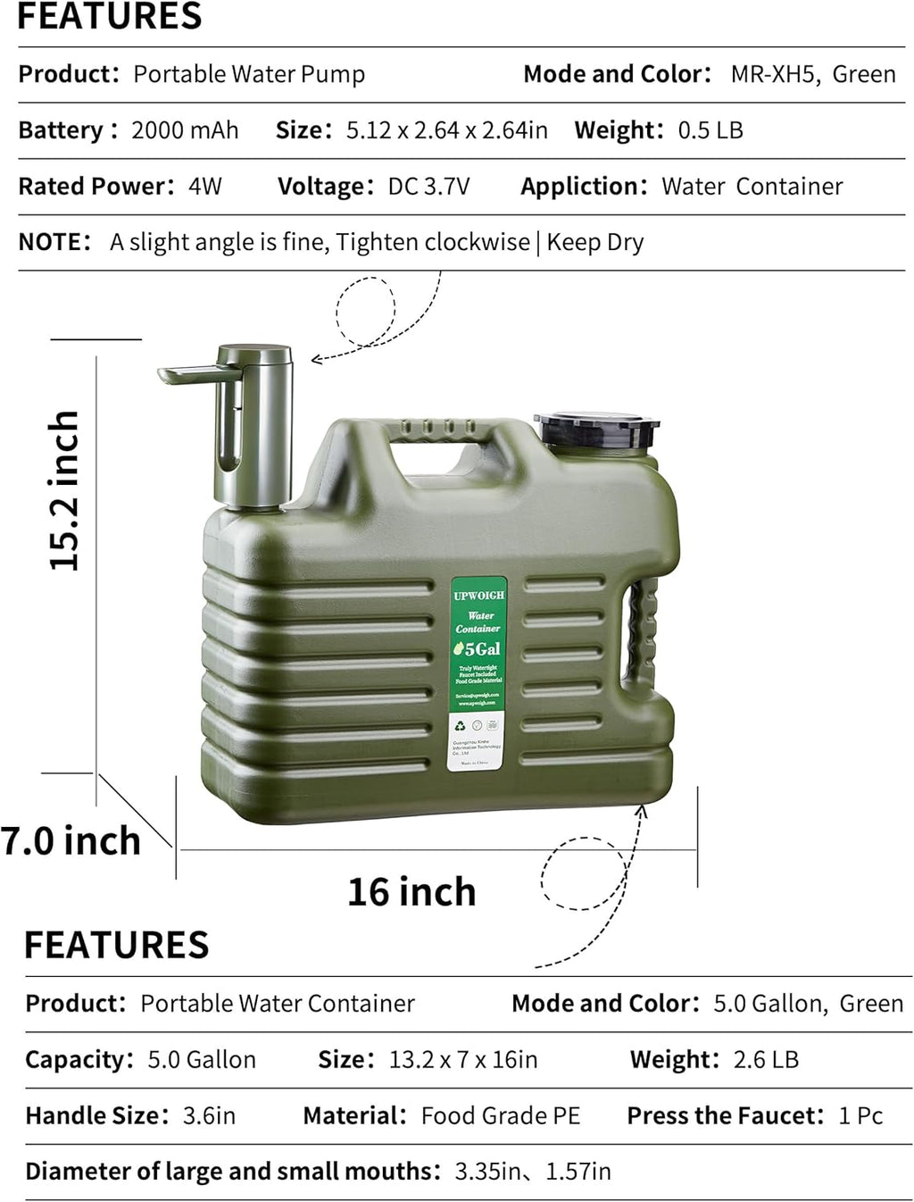 Portable 5 Gallon Water Jug with Automatic Touch Control Pump,Truly No Leakage Water Container with Spigot,Type-C Rechargeable Military Green Water Pump Gear for Outdoors Camping Hiking