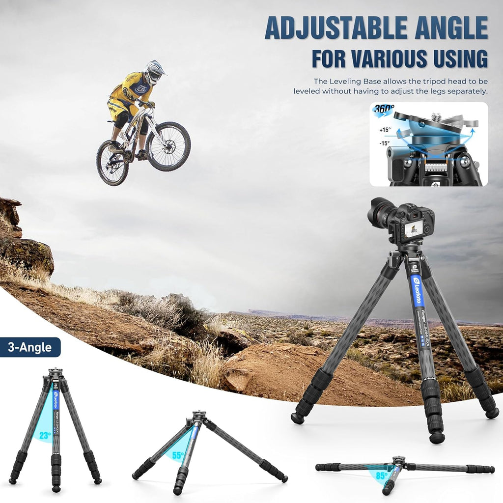LEOFOTO Carbon Fiber Tripod with Leveling Base for Camera, 360° Rotating Ball Head, 1/4" QR Plate for Sport Camera/Phone/Projector, Compact Tripod with Panoramic Base, A Bubble Level, Max Load 22LB