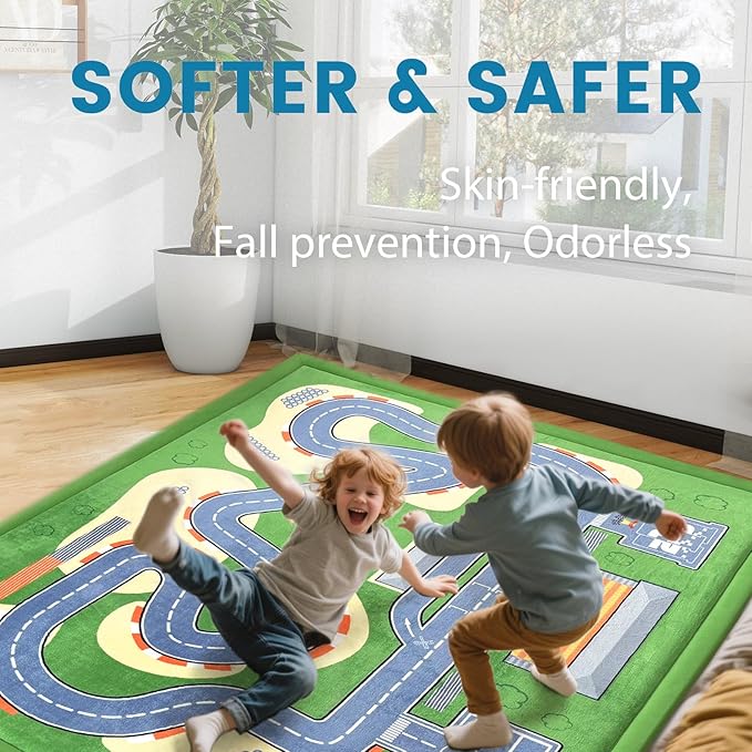 1.3" Thick Educational Baby Floor Play Mat 79x118, Basic Padded Memory Foam Kids Mat, Large Non-Slip Plush Playmat for Nursery Playroom Classroom (Race Track)-BubblyBeeBaby