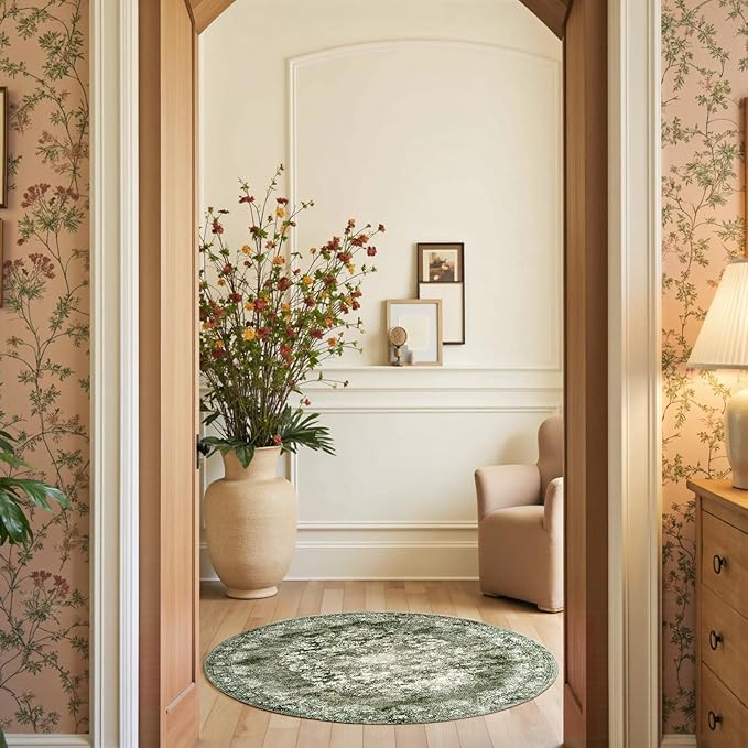 jinchan Round Rug 4ft Area Rug - Green Vintage Floor Mat Kitchen Indoor - Washable Circle 4' Thin Floral Print Carpet Retro Farmhouse Non Slip Dining Room Living Room Bedroom Office-BubblyBeeBaby