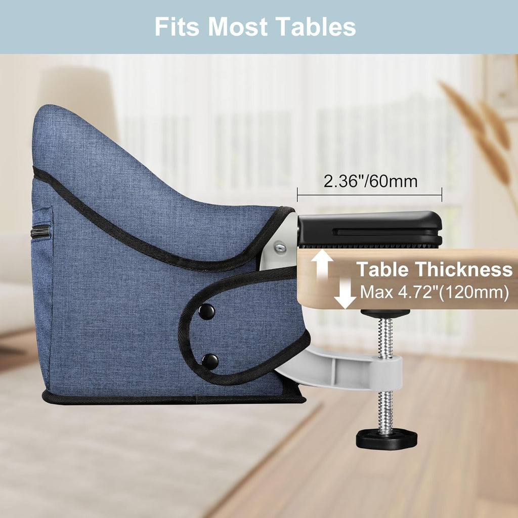 Hook On High Chair, Jozzve Clip on High Chair with Removable Dining Tray for Babies and Toddlers, Fold-Flat Storage Portable Baby Feeding Seat, Attach to Fast Table Chair for Home Travel (Navy)
