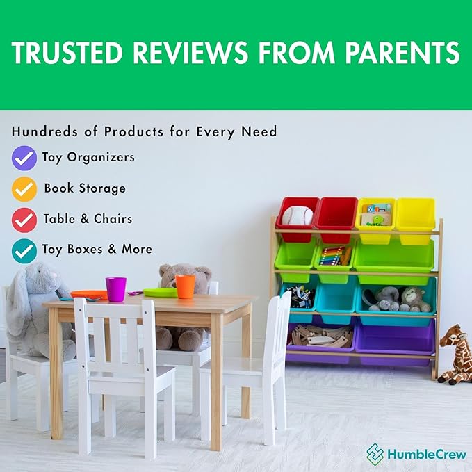 Humble Crew Kids Toy Storage Organizer with 12 Plastic Bins, Natural Wood/Rainbow – Removable Bins for Playroom, Bedroom, Toddler Furniture for Boys and Girls Ages-BubblyBeeBaby