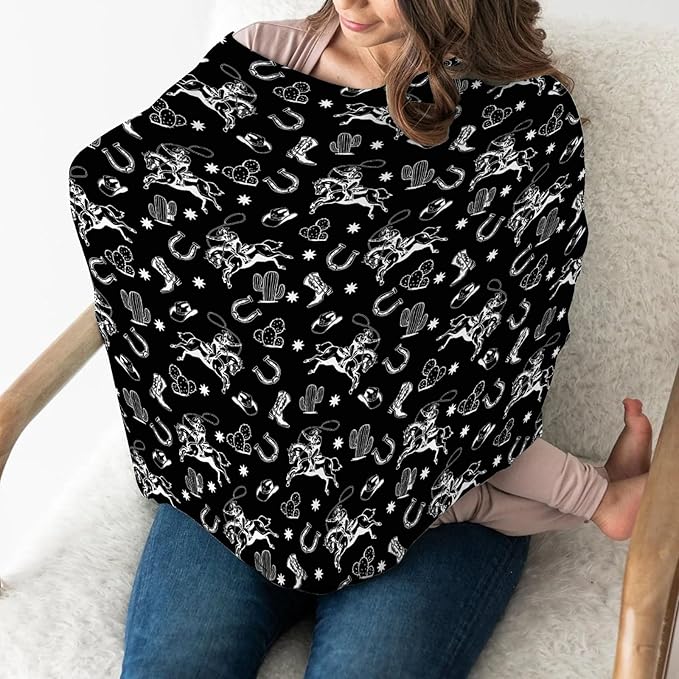 Country Western Car Seat Cover for Baby Cowboy Hat Boots Horse Cactus Stretchy 5-in-1 Covers Adjustable Car Canopy Breastfeeding Cover Wild West Desert Breathable Nursing Cover-Up-BubblyBeeBaby