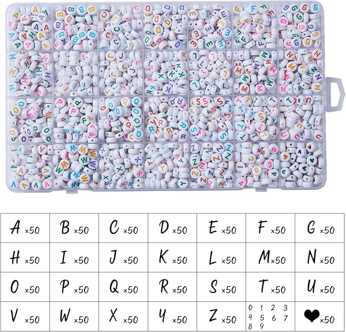1400pcs Letter Beads, 4x7 mm Acrylic Alphabet Beads, Beads for Jewelry and Bracelet Making, in 28 Grid Box (White and Colorful)-BubblyBeeBaby