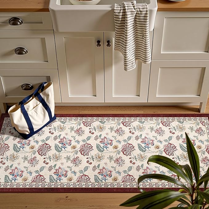 jinchan 2x5 Floral Runner Rug for Hallway Washable Kitchen Runner Vintage Romance Design Non Slip Thin Indoor Floor Cover Low-Profile Throw Carpet for Entryway Bathroom Bedroom Porch, Red/Beige-BubblyBeeBaby