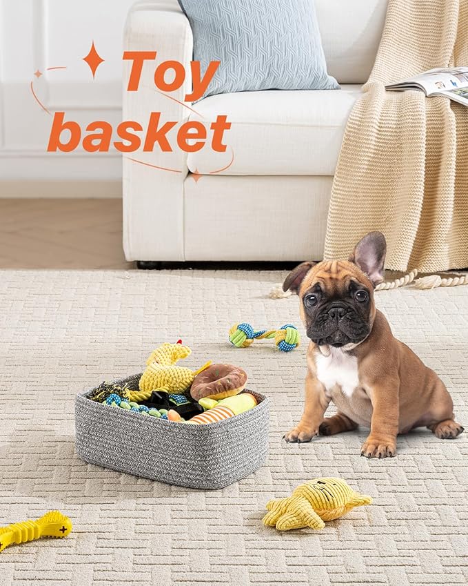 KALLAX Small Woven Basket, 12 x 8 x 4.5 Inches, Storage Basket for Organizing, Cute Small Rope Shelf Closet Cube Storage Bins Baskets for Shelves, Dog Toy Gift Baskets Empty, 3 Packs, Mixed Grey-BubblyBeeBaby