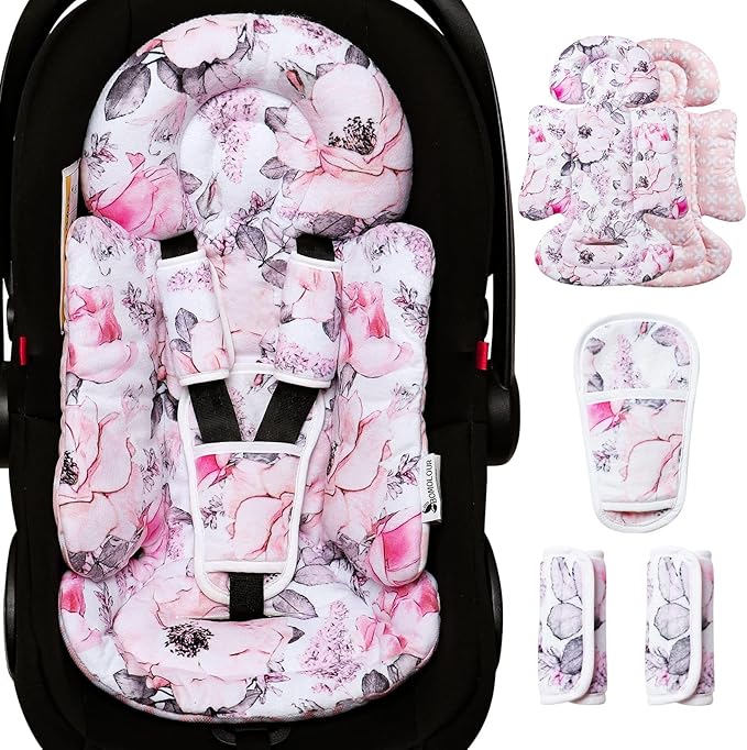 Infant Car Seat Insert, Enlarged Head Support for Baby Carseat, Reversible Newborn Insert with 3 Strap Covers, 2-in-1 Baby Car Seat Cushion for Stroller, Swing, Bouncer, Rocker - Pink Floral-BubblyBeeBaby