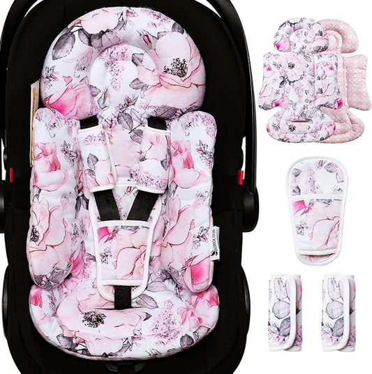 Infant Car Seat Insert, Enlarged Head Support for Baby Carseat, Reversible Newborn Insert with 3 Strap Covers, 2-in-1 Baby Car Seat Cushion for Stroller, Swing, Bouncer, Rocker - Pink Floral-BubblyBeeBaby