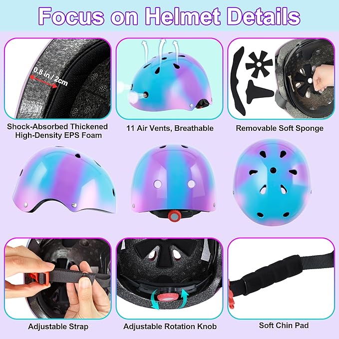 Kids Bike Helmet with DIY Stickers and Knee Pads Elbow Pads Wrist Guard Set for Ages 3-8-14 Toddler Boys Girls Helmet for Roller Skates Cycling Skateboarding Bicycle Scooter-BubblyBeeBaby