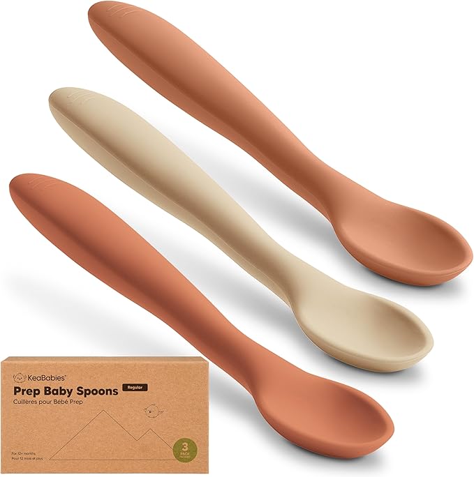 KeaBabies Silicone Baby Spoons, Self Feeding 6-12 months - 3-Pack Baby Weaning Eating Utensils,Toddler First Food Training Spoon,Infant,Kids Feeding Supplies Essential Set,Dishwasher-safe (Terracotta)-BubblyBeeBaby
