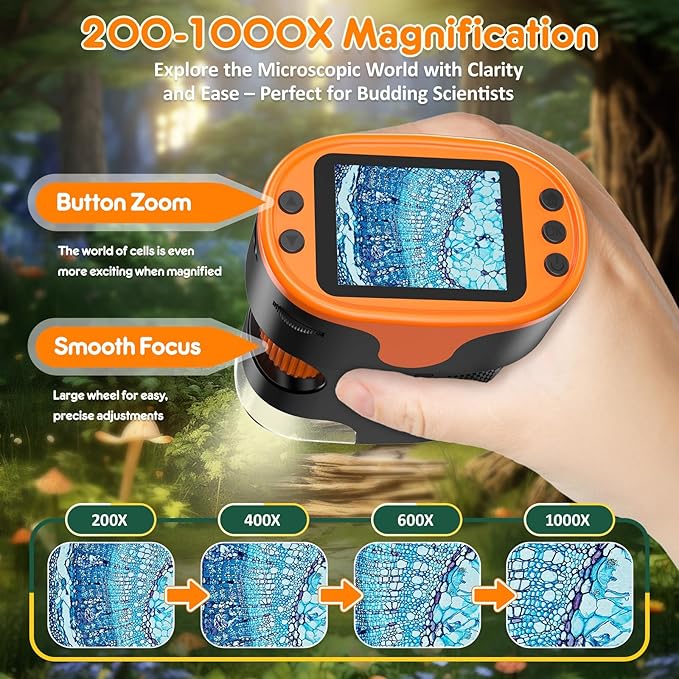 1000X Handheld Microscope for Kids 4K 2.0" Screen Rechargeable Mini Pocket Digital Microscopes w/Slides Kit Portable Edu Gift Age 4-6 8-12 Children Students-BubblyBeeBaby