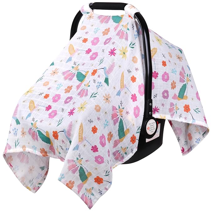 Rquite Muslin Car Seat Cover Baby, Carseat Covers Baby Girl Boy, Breathable Lightweight Infant Car Seat Cover, Baby Carrier Cover Car Seat Canopy Stroller Sun Shade for Summer & Hot Day, Universal Fit-BubblyBeeBaby