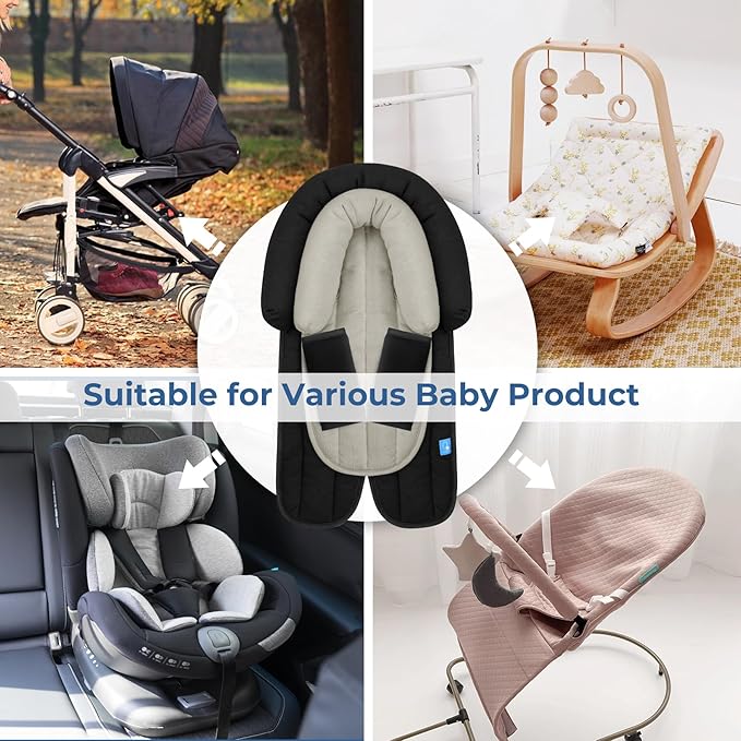 COOLBEBE Upgraded Babybody Support & Strap Covers Set for Newborn Infant Toddler - Extra Soft Breathable Car Seat Insert Cushion Pad, Perfect for Carseats, Strollers, Swing, Black-BubblyBeeBaby