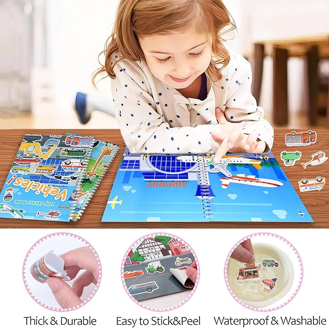 Jelly Sticker Books for Toddlers 2-4 Years, Reusable Sticker Book for Kids 1-3, Toddler Travel Essentials Vehicles Stickers for Kids Toddler Plane Activities (Vehicles)-BubblyBeeBaby
