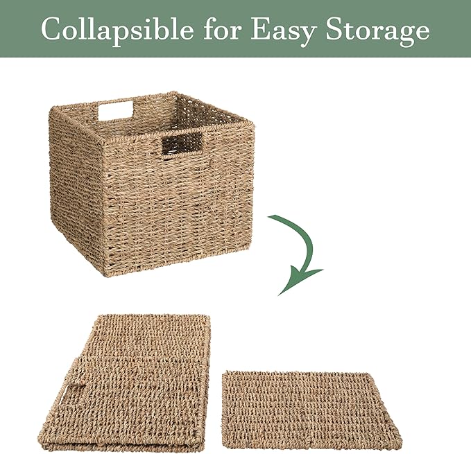 12x12x10in Seagrass Storage Baskets Set of 4, Large Wicker Storage Basket, Decorative Seagrass Shelf Basket, Pantry Baskets Organization,Folding Storage Cube Bins-BubblyBeeBaby