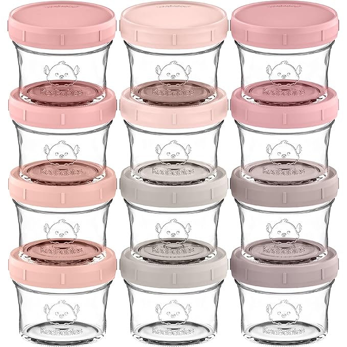 KeaBabies 12pk 4oz Glass Baby Food Containers with Lids - Leak-Proof, Microwavable Small Glass Jars, Baby Purees & Toddler Snack Storage Containers, BPA-Free, Dishwasher & Freezer Safe (Roseate)-BubblyBeeBaby