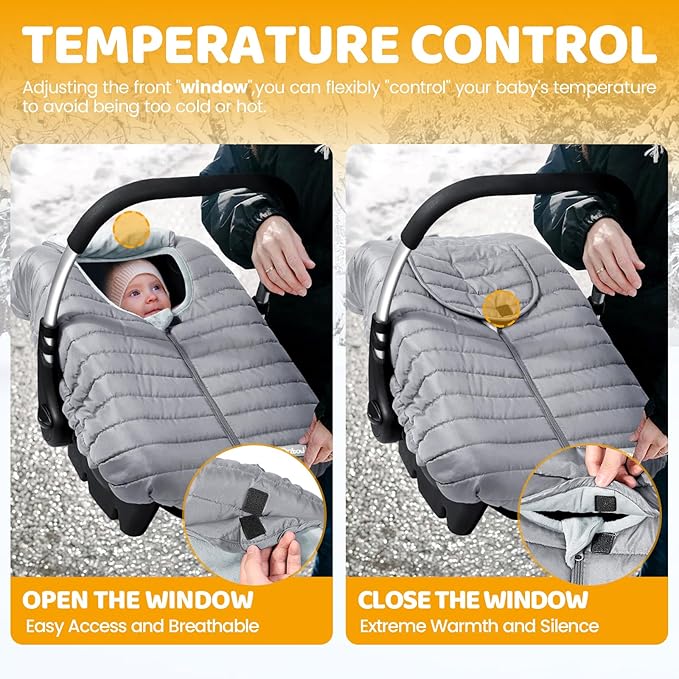 Orzbow Winter Car Seat Cover - Baby Car Seat Cocoon Cover for Boys & Girls, Warm Carseat Canopy Cover to Protect Baby from Wind, Rain & Snow, Waterproof, Universal Fit for Infant Car Seat, Light Grey-BubblyBeeBaby